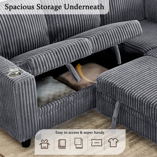 Howcool Modular Sectional Sleeper Sofa, 81" L-Shaped Oversized Cloud Couch with Pull-Out Bed, 5-Seat Corduroy Sofa with Storage Chaise, USB Charging and Cup Holders for Living Room Apartment,Gray