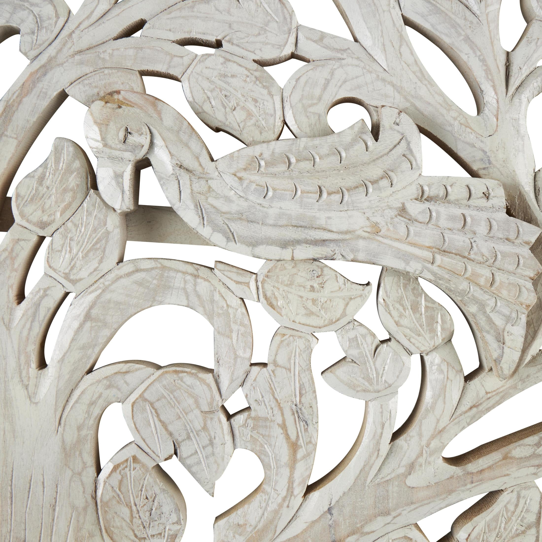 DecMode White Mango Wood Large Carved Tree Wall Decor with Scrollwork