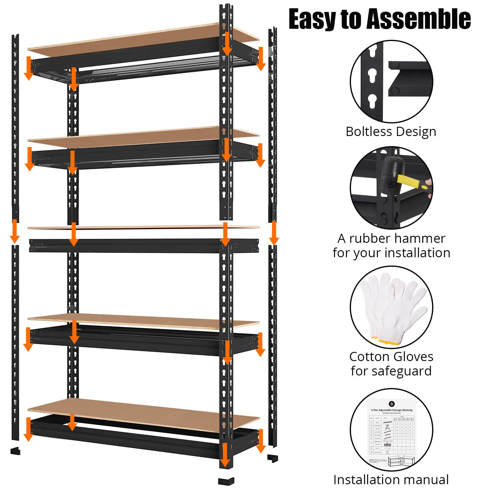 KOKEBREN 5 Tier Storage Shelving Heavy Duty, 48" W x 24" D x 72" H Adjustable Metal Shelving Unit, 2000Lbs Capacity,Storage Shelf for Garage,Warehouse