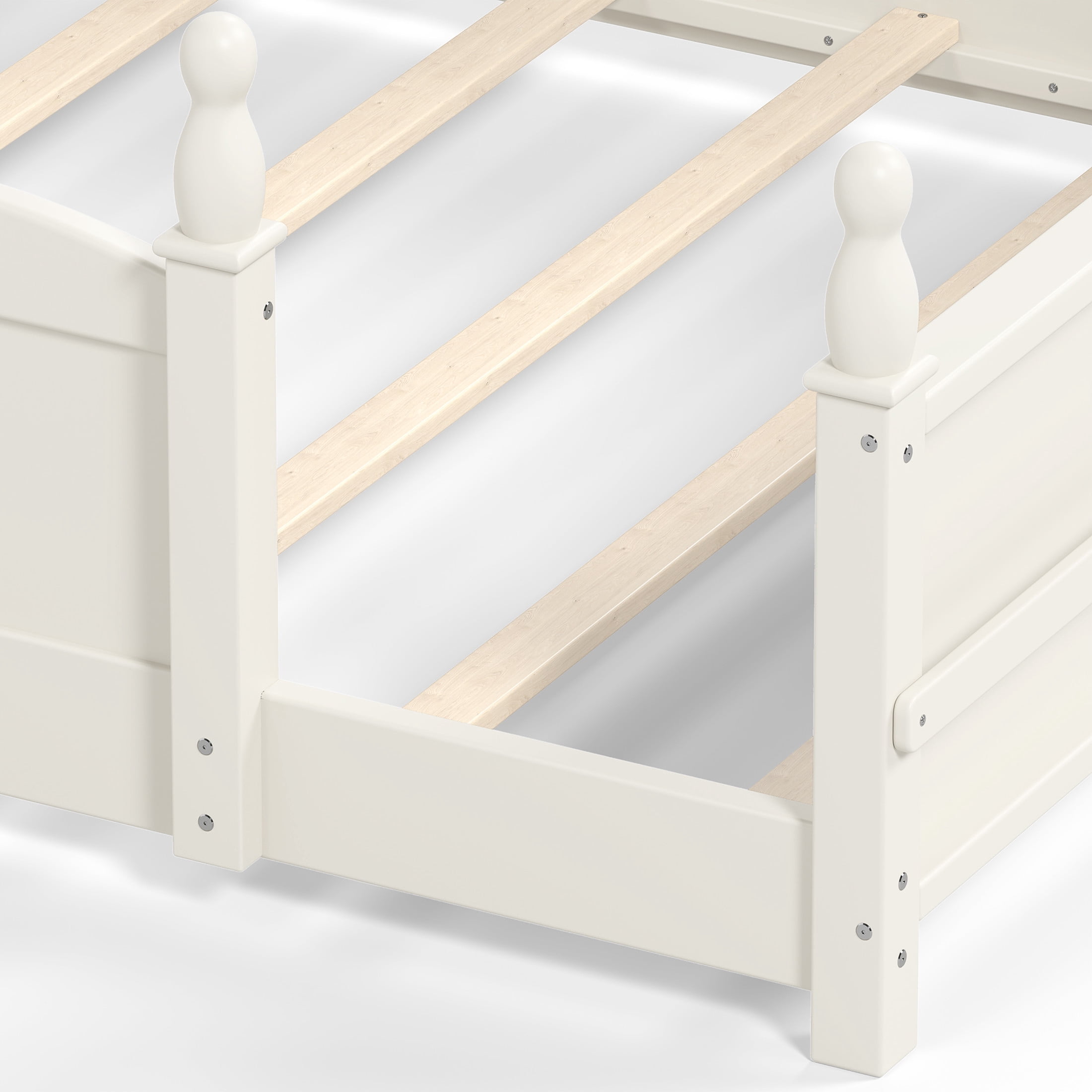 GDF Studio Full Size Montessori Floor Bed with Guardrails & Side Bookshelf, Childlike Design, Beige White