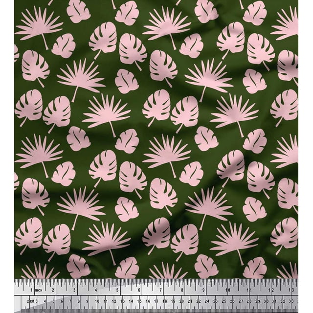 Soimoi Green Poly Georgette Fabric Palm & Monstera Leaves Print Sewing Fabric BTY 52 Inch Wide