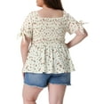 thumbnail image 3 of Plus Size Summer Tops for Women Square Neck Smocked Bow Tie Short Sleeve Peplum Blouse 2X Beige, 3 of 6
