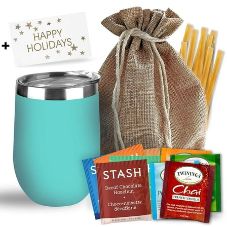 Bellina Tea Gift Baskets for Women and Men - Happy Holidays - Insulated Cup, 20 Premium Teas, 10 Honey Straws, Gift Tag & Bag