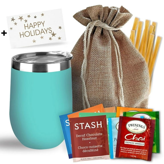 Bellina Tea Gift Baskets for Women and Men - Happy Holidays - Insulated Cup, 20 Premium Teas, 10 Honey Straws, Gift Tag & Bag