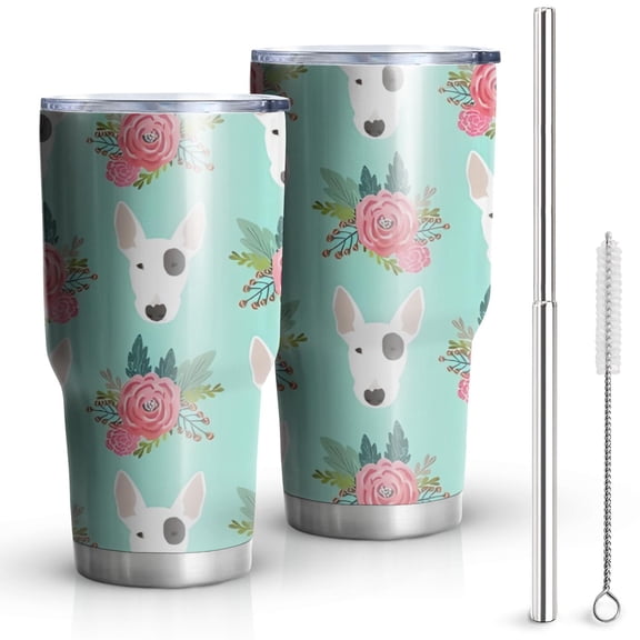 30oz Bull Terrier Dog and Flower Florals Tumblers Stainless Steel Tumbler with Lid and Straw,Vacuum Insulated Double Wall Travel Tumbler Cups Mug with Cleaning Brush for Coffee,Tea