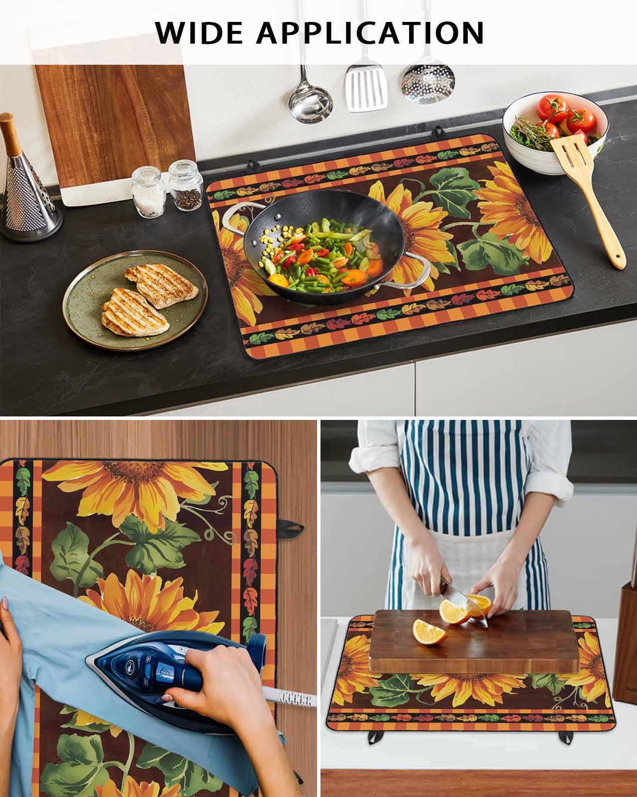 Large Induction Cooktop Protector Mat Sunflowers Stove Top Covers for Electric Stove, Farmhouse Vintage Flowers Leaves Orange Stripes Decorative Stove Burner Cover Mats, Glass Top Stove Cover