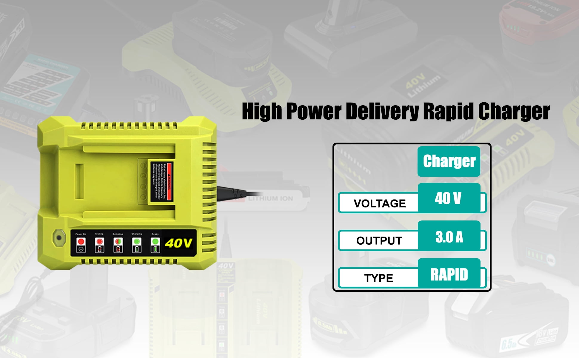 40V Battery Fast Charger Replacement for Rapid 40V Lithium ion Battery Charger OP401 OP403 OP404 OP406 OP407A OP40601 6Ah OP40602 5Ah OP4050 4Ah OP4040 Ryobi 40 Volts Battery Charger