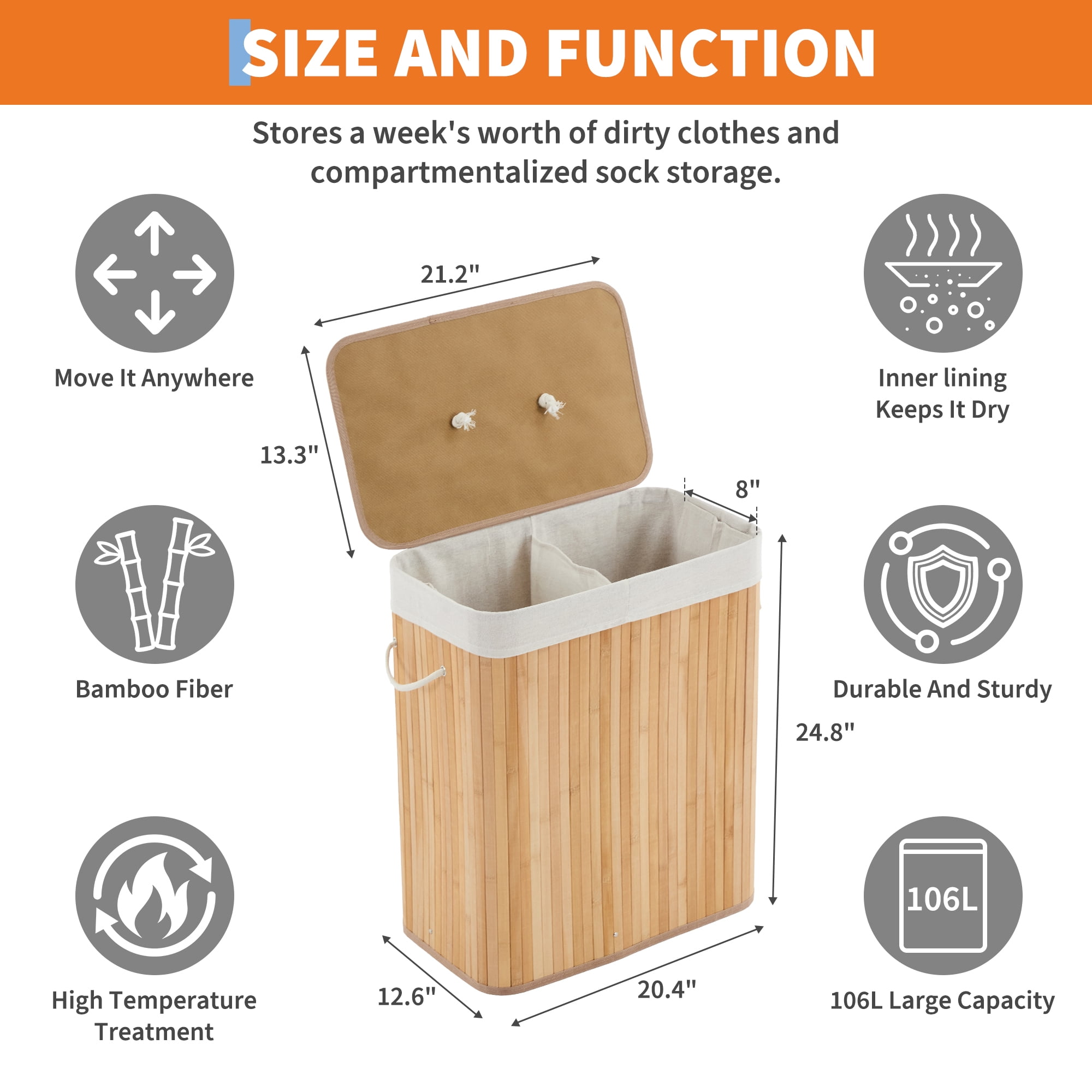 Garvee Folding Bamboo Laundry Hamper with Lid, 27.5 Gallon Large Capacity Wooden Basket with Washable Liner Bag, Slim Space-Saving Clothes Organizer for Small Bedroom, Apartment, Dorm, Natural