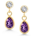 thumbnail image 2 of Gem Stone King 14K Yellow Gold Purple Amethyst and White Created Sapphire Dangle Earrings for Women (0.98 Cttw, Gemstone February Birthstone, Pear Shape 6X4MM, Round 3MM), 2 of 4