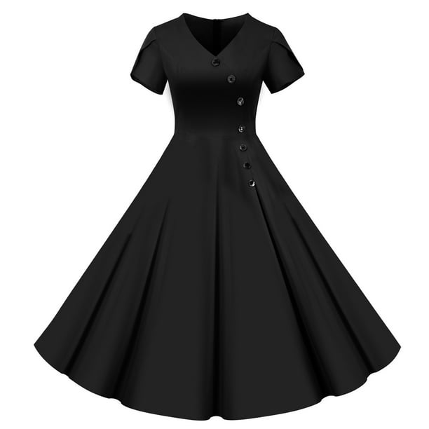 Vestido swing de manga corta y cuello en V para mujer: vestido retro de verano con doble botonadura, cintura alta y corte en A.