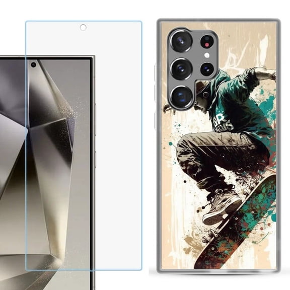 OneToughShield ® Compatible with Samsung Galaxy S24 Ultra, Shockproof Phone Case, with Tempered Glass Screen Protector - Skateboarding