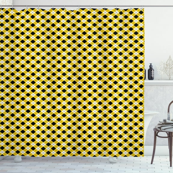 Ambesonne Geometric Shower Curtain, Argyle Grid Pattern, 69"Wx84"L, Yellow Black and White