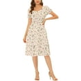 thumbnail image 1 of INSPIRE CHIC Women's Printed Sweetheart Neck Puff Sleeves Hidden Side Zipper Smock Midi Dress L Floral Beige, 1 of 6
