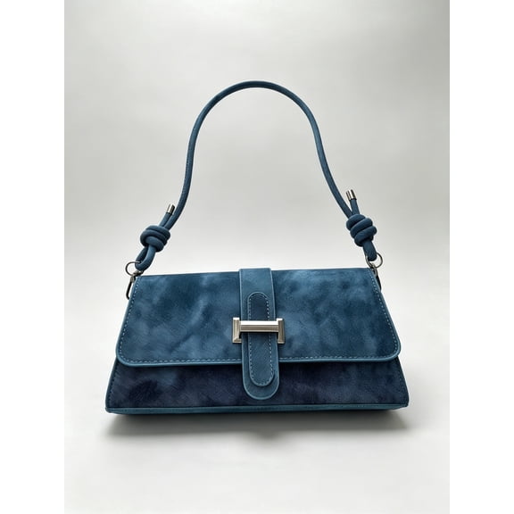 Women's Blue Suede Shoulder Bag, Retro Underarm Purse with Knot Strap, Flap Closure Handbag, Casual Evening Tote for Daily Use