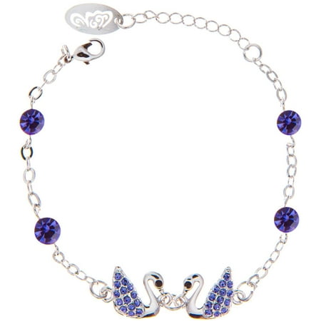 Rhodium Plated Bracelet with Loving Swans Design with Lobster Clasp and High Quality Purple Crystals by Matashi