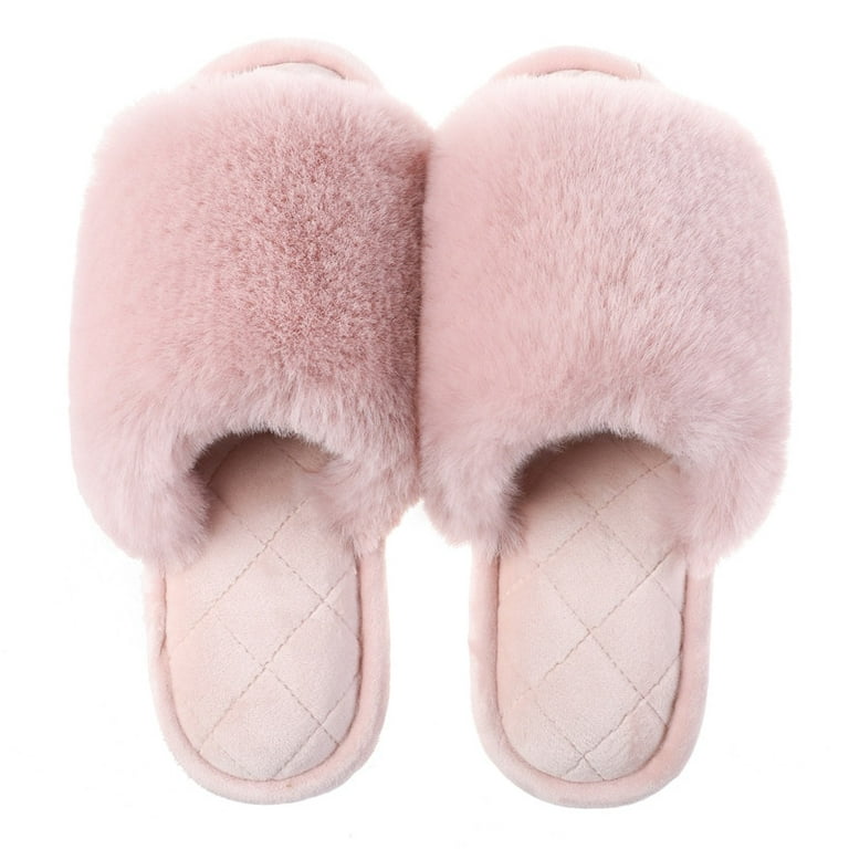 PIKADINGNIS Luxury Winter House Women Fur Slippers Fuzzy Cross Band Open  Toe Girls Shoes Non-slip Indoor Bedroom Ladies Fluffy Slippers
