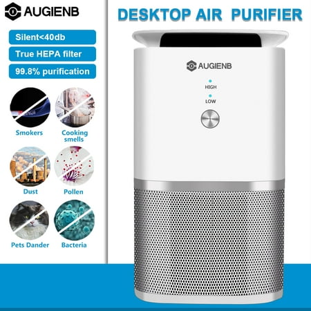 AUGIENB Desktop Ionizer Air Purifier with Wind Deflector,True HEPA Active Carbon Filter，Odor PM 2.5 Reduction Eliminator，Ozone Free Touch Control 2 Speeds Quiet，For Home