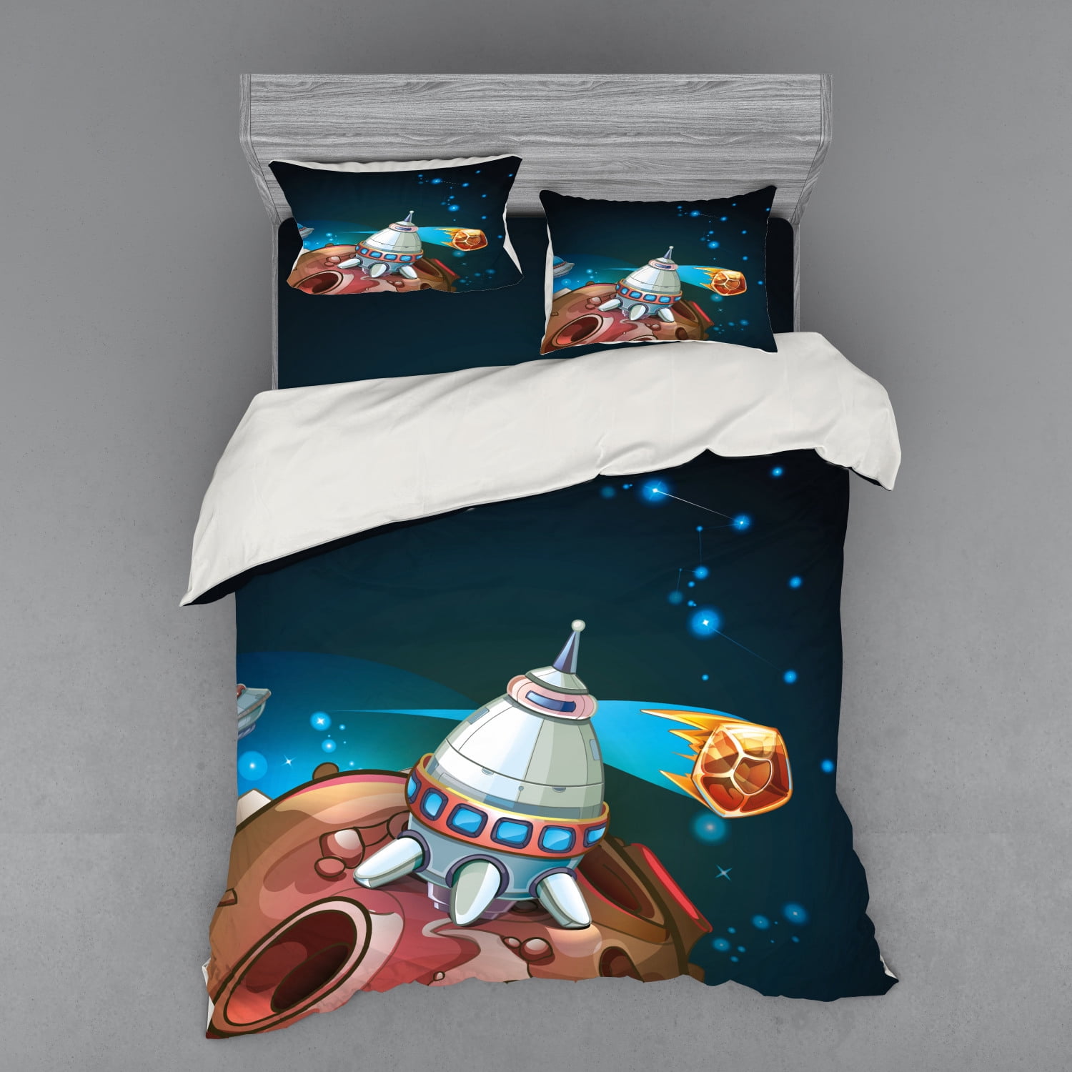 Cartoon Duvet Cover Set, Spacecraft Outer Space Theme Rocket