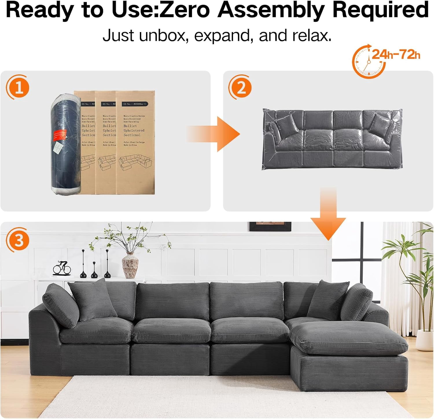 4 Seater Cloud Couch With Ottoman, No Assembly Required Modular Boneless Sofa, Comfy Deep Seat Sectional Sofa for Living Room, Bedroom, Apartment