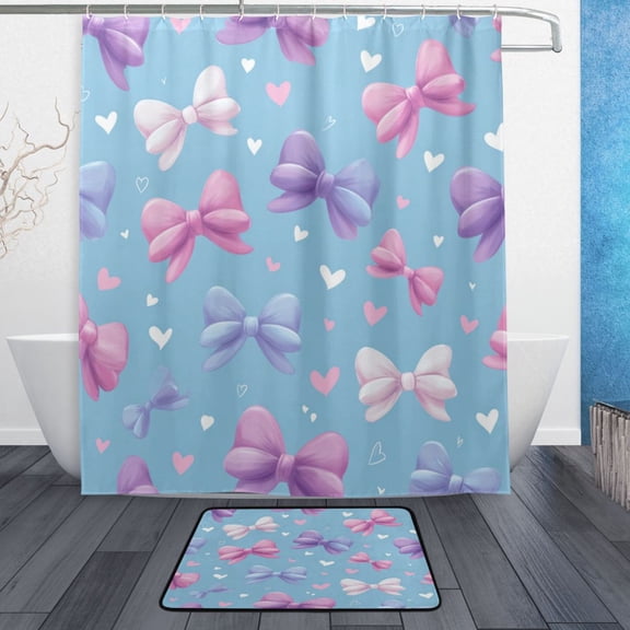 Bathroom Sets Curtain and Rug Sets 23.6x15.7 in Non-Slip Mat and 60x72 in Shower Curtain for Home Bath Dcor Pink and Purple Bows