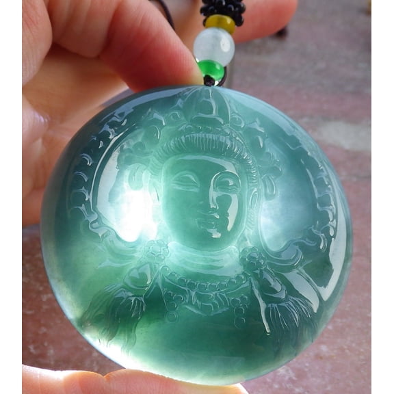 Certified Icy Green Burma 100% Natural A Jade jadeite Pendant Guanyin Kwan Yin Flower Necklace 658892 TN