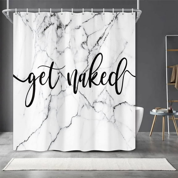 Marble Fabric Shower Curtain Funny Black Art Get Naked on Chic 3D Crack Design Marble Bath Curtain, Modern Black and White Cloth Bathroom Shower Curtain Set with Hooks 72X72IN