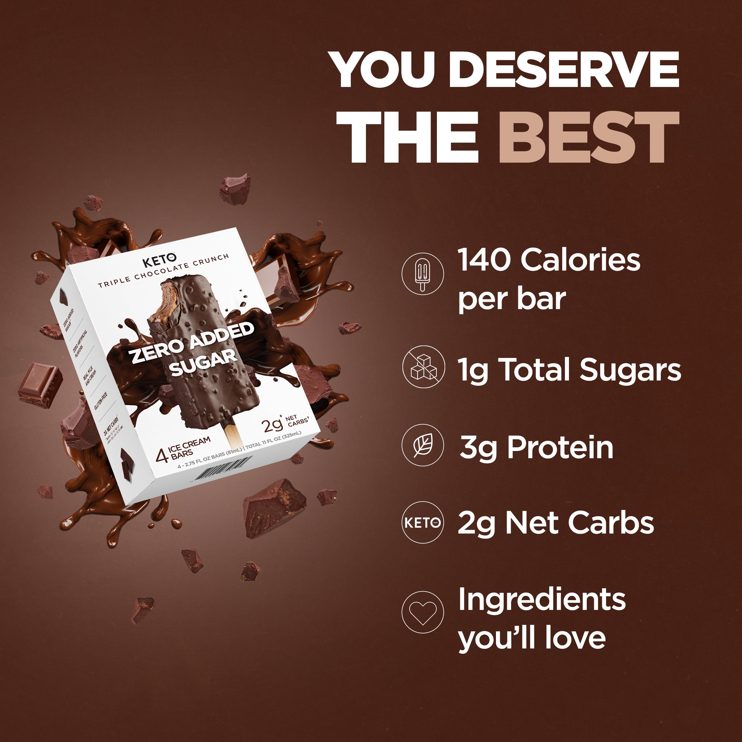 (3 pack) Keto Pint, Zero Sugar Added, Triple Chocolate Crunch Ice Cream Bars, 11 fl oz, 4 Count
