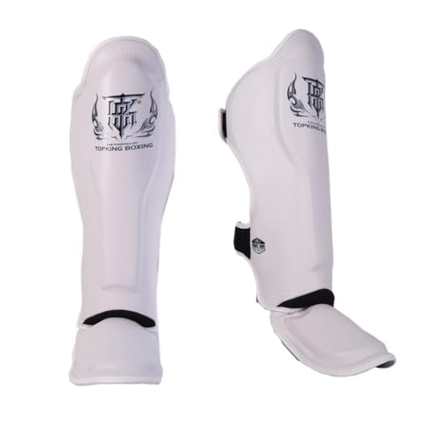 Top King Boxing Top King Pro Leather Shin Guards for Muay Thai- White, Large