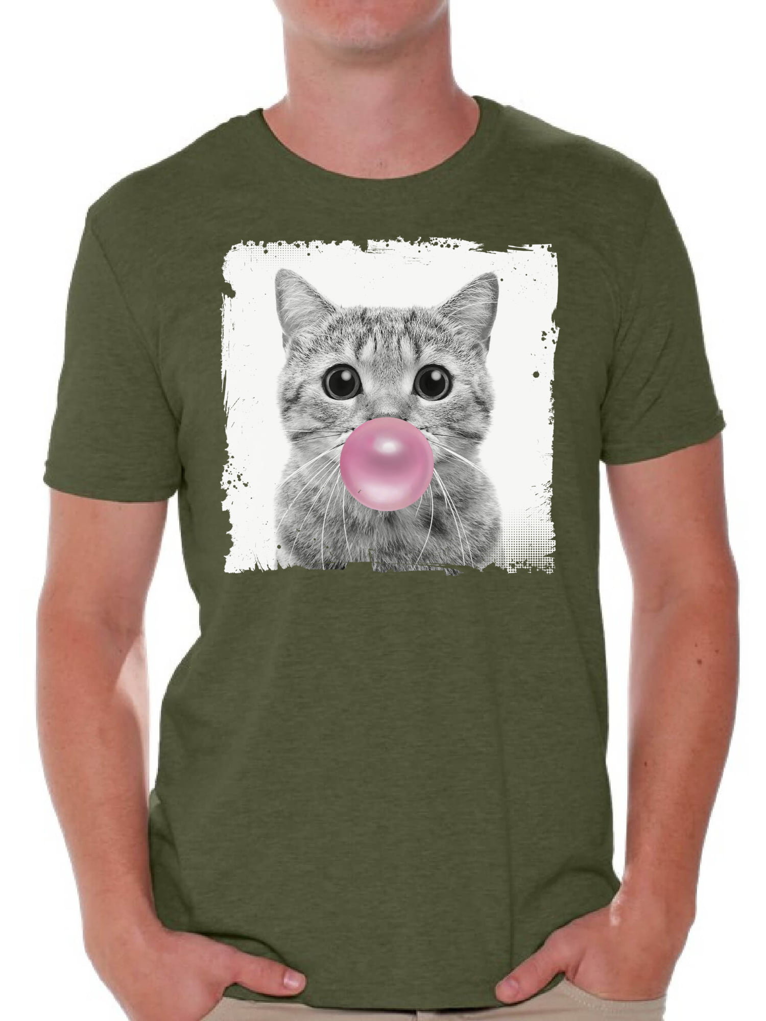 Awkward Styles Funny Cat Shirt for Him Funny Men T Shirt Little Cat Tshirt Cat with Pink Gum T Shirt Cat Clothing Animal T-Shirt for Men Funny Animal Gifts Cat T