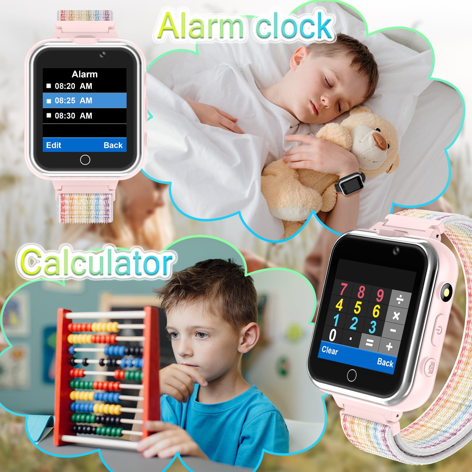 PTHTECHUS 1.54" Smart Watch for Boys Girls Smartwatch for Kids with Dual Camera Games Pedometer Video MP3 Flashlights Calculator Alarm Clock Children Touch Screen Pink
