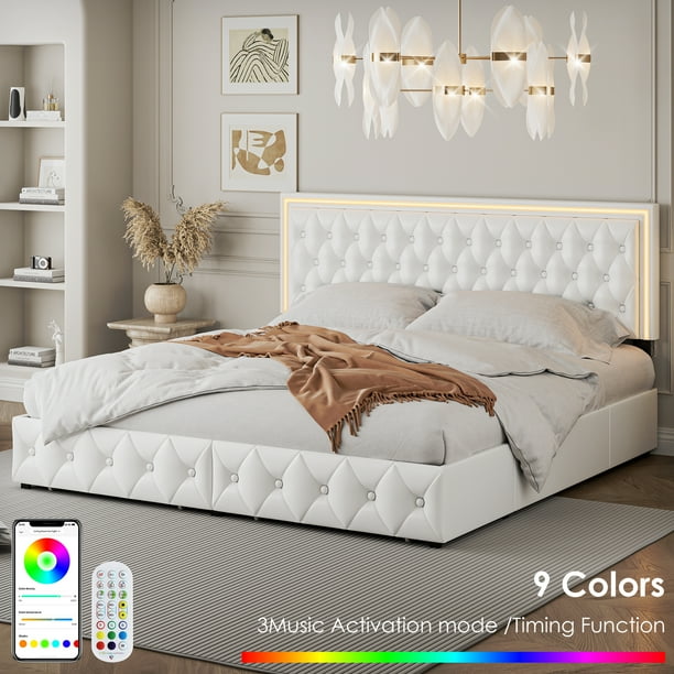 Homfa Full LED Bed, 9 Colors LED Lights Platform Bed Frame with 4