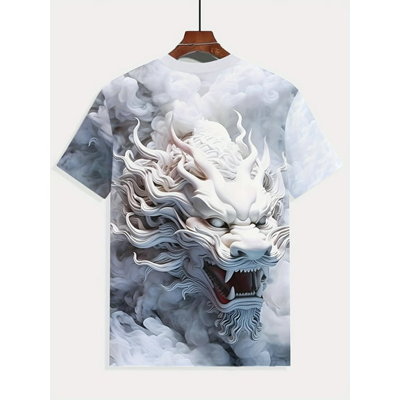 Men's Vivid 3D Cloud Dragon Print T-Shirt - Breathable Polyester Fiber, Crew Neck, Short Sleeve - Fashionable Casual Wear Suitable for Summer Outings, Gift for Him, Easter Decoration