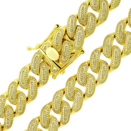 .925 Sterling Silver 18mm CZ Baguette Iced Out Miami Cuban Curb Link Bling Chain Necklace Yellow Gold Plated
