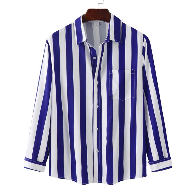 Camisa holgada de manga larga a rayas azul rey para hombre, de uso diario, con cuello vuelto, talla XL