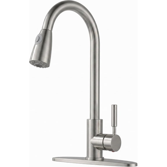 KINGO HOME 14 Inch Brushed Nickel Kitchen Faucet, Pull-Down Sprayer Single Hole 1 Handle High Arc 360° Swivel Kitchen Sink Faucet with Deck Plate and Supply Hoses, 2 Spray Modes