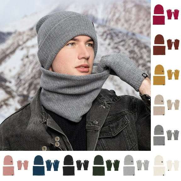 Jiaroswwei 1 Set Winter Hat Scarf Gloves Set Unsiex Thick Warm Elastic Anti-slip Neck Head Hands Protection Cozy Windproof Outdoor Cycling Cap Neck Warmer Gloves Set