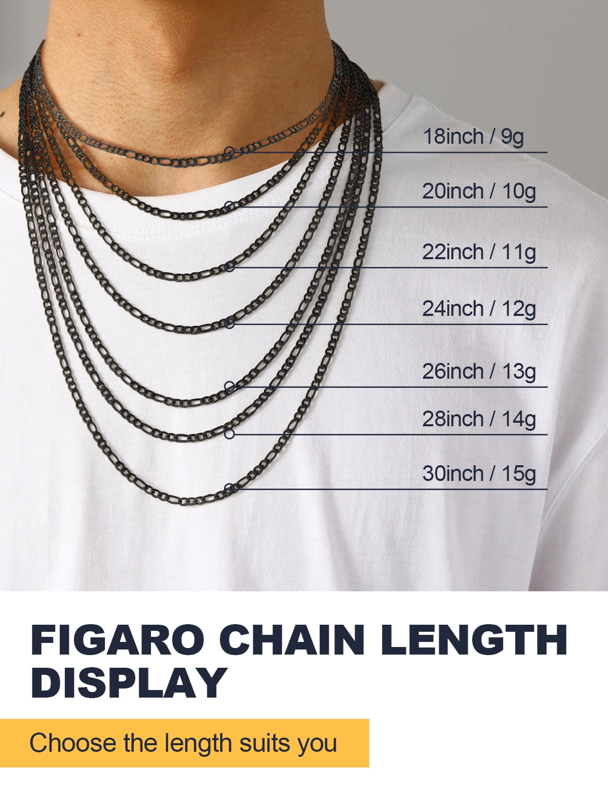U7 Figaro Chain Stainless Steel Necklace for Men Women 3MM Black Plated Chain 20 Inch for Birthday Gift