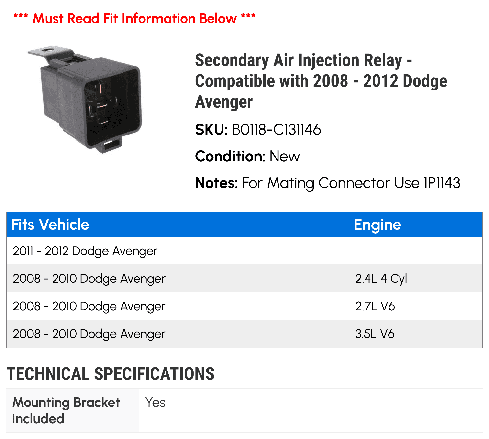 Secondary Air Injection Relay - Compatible with 2008 - 2012 Dodge Avenger 2009 2010 2011