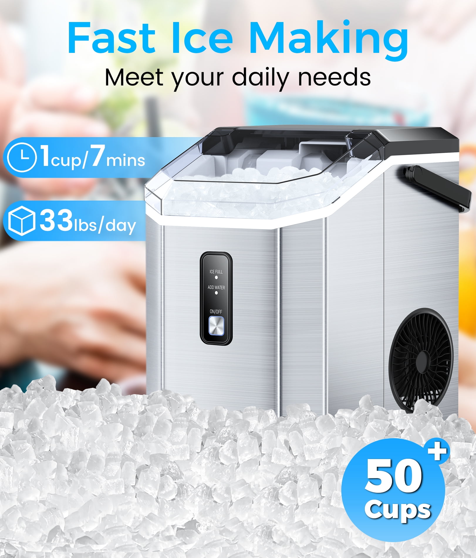 Countertop Nugget Ice Maker, Stainless Steel, 33lbs/Day, Self-Cleaning, Portable Nugget Ice Maker Machine with Handle, Scoop and Basket, Silver