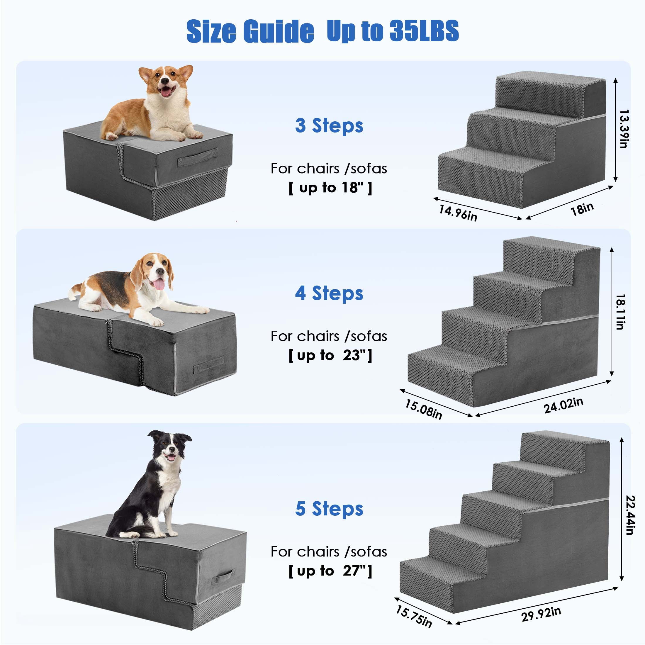 EDX 3-Step 13'' Tall Dog Stairs, Right-Angle Design, Non-Slip Foam Core, Easy Clean, Indoor & Outdoor Use for High Beds & Sofas