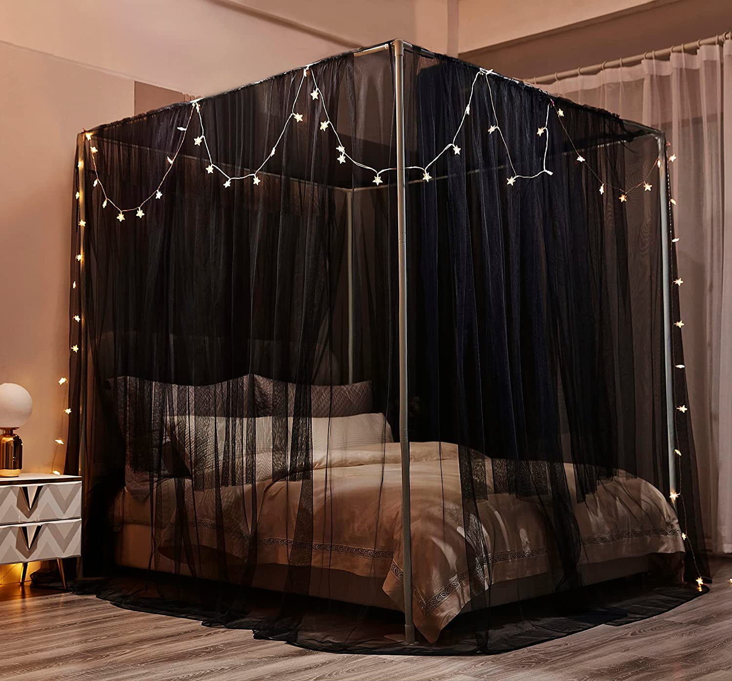 CAILDANL Bed Canopy,Canopy Bed Curtains Bed Drapes for Full Queen King Size Bed,Mosquito Net Bed Curtains for Patio Indoor Outdoor Net,Black Bed Canopy Curtains for Gothic