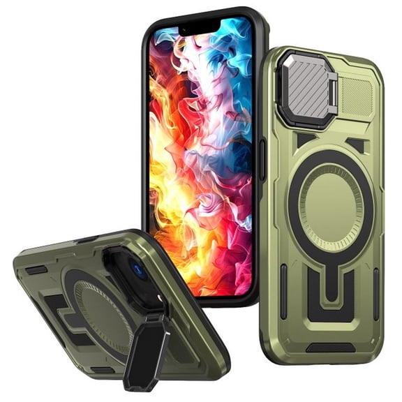 Case for iPhone 16e 6.1-inch with Adjustable Metal Camera Lens Cover Stand Compatible with MagSafe [Military-Grade Protection] Rugged Heavy Duty Magnetic Case,Green,For iPhone 16e