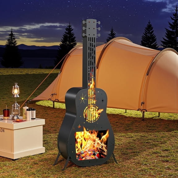 Guitar Shaped Outdoor Fire Pit for Wood Burning, Portable Chiminea Fireplace for Patio, Backyard and Camping