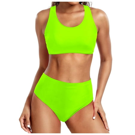 Womens Swimsuits Solid Color Strappy Round Neck Push Up Bra And Panty Set Vintage Tow Piece Tankini Swimsuits For Women Swimwears Activewear Yellow S