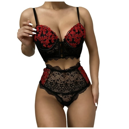 

OVTICZA Womens Embroidery Mesh Bra and Panty Sets Sexy High Waisted Lingerie Set Teddy Babydoll Lingerie Red XL