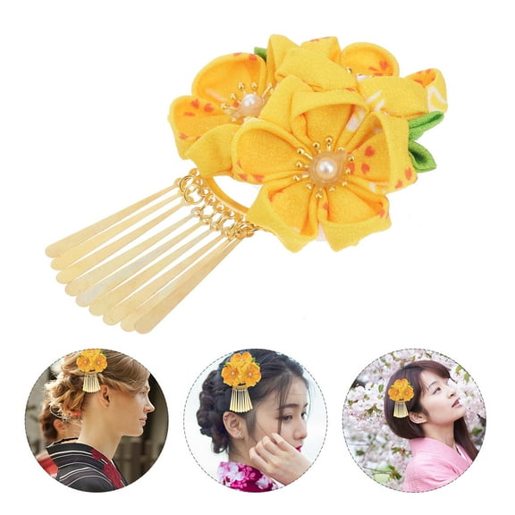 WEUVEB Chinese Tassel Pendant Hair Clip Yellow Cloth Decoration for Women Cosplay Traditional Style 1 Pack