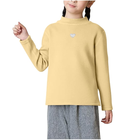 Ltctricy Girls' Long Sleeve Shirts Fleece Warm Mock Neck Heart Printed T-Shirts Base Layer Tops Soft Cotton Tees for Children 3-16 Y(Yellow,15-16 Years)