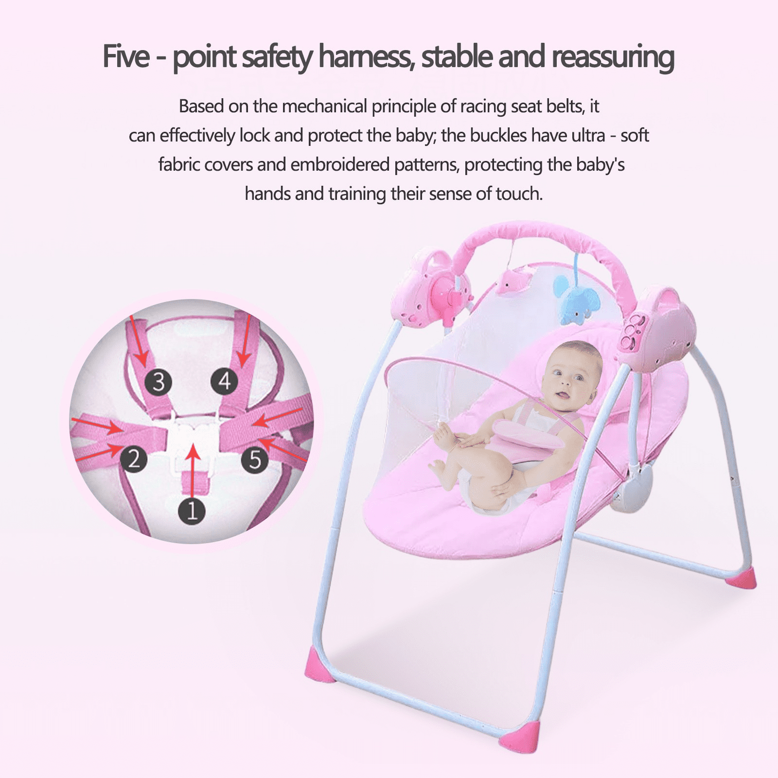 Jonster Electric Baby Swing with Bluetooth, Remote, Toys, 4-Speed Adjustable Infant Swing, Auto Rocking, for Newborns to Toddlers, Pink