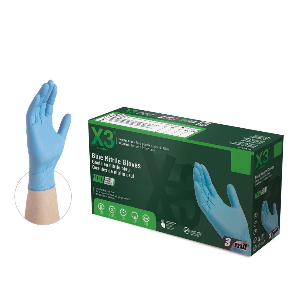 X3 Nitrile Latex Free, Powder Free, Industrial Disposable Gloves, X
