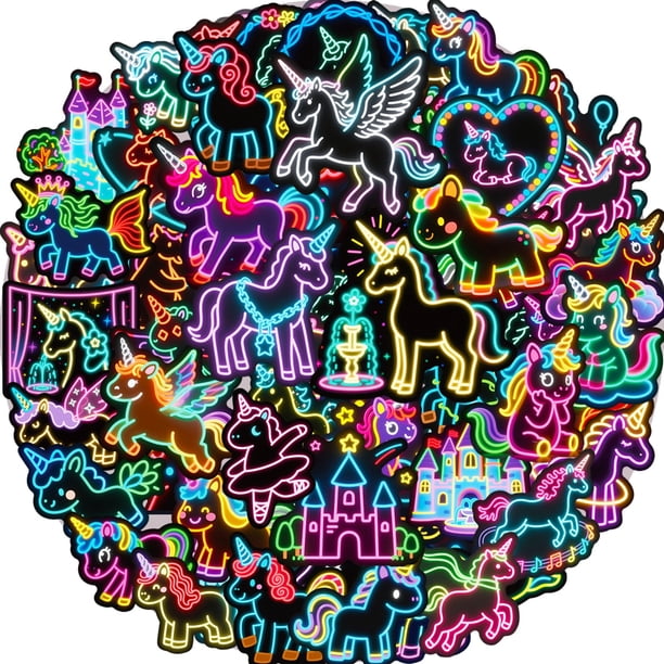 Paquete de stickers Kedikamodi de 56 piezas, unicornio neón, vinilo impermeable